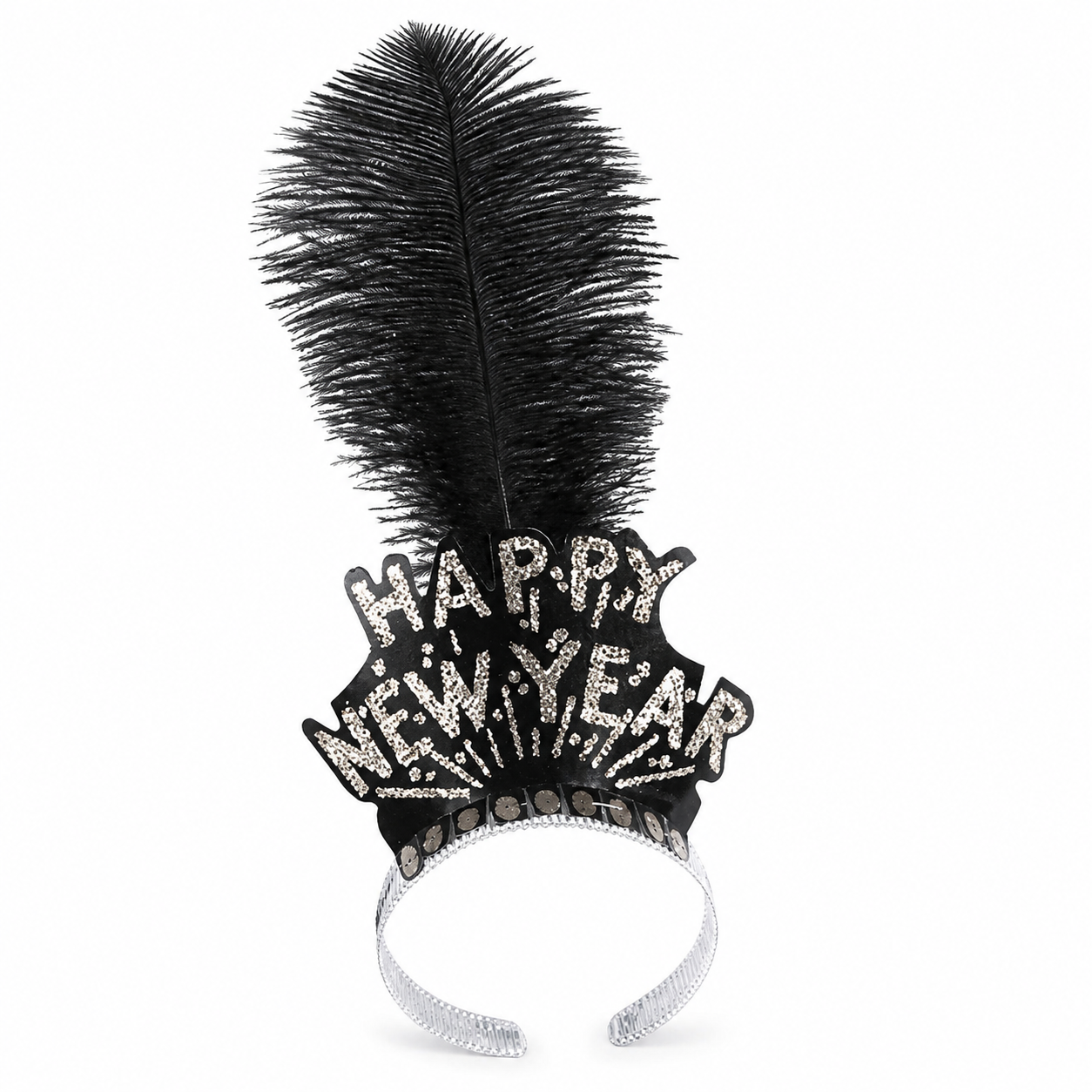 Black & Gold Happy New Year Tiara with Plume