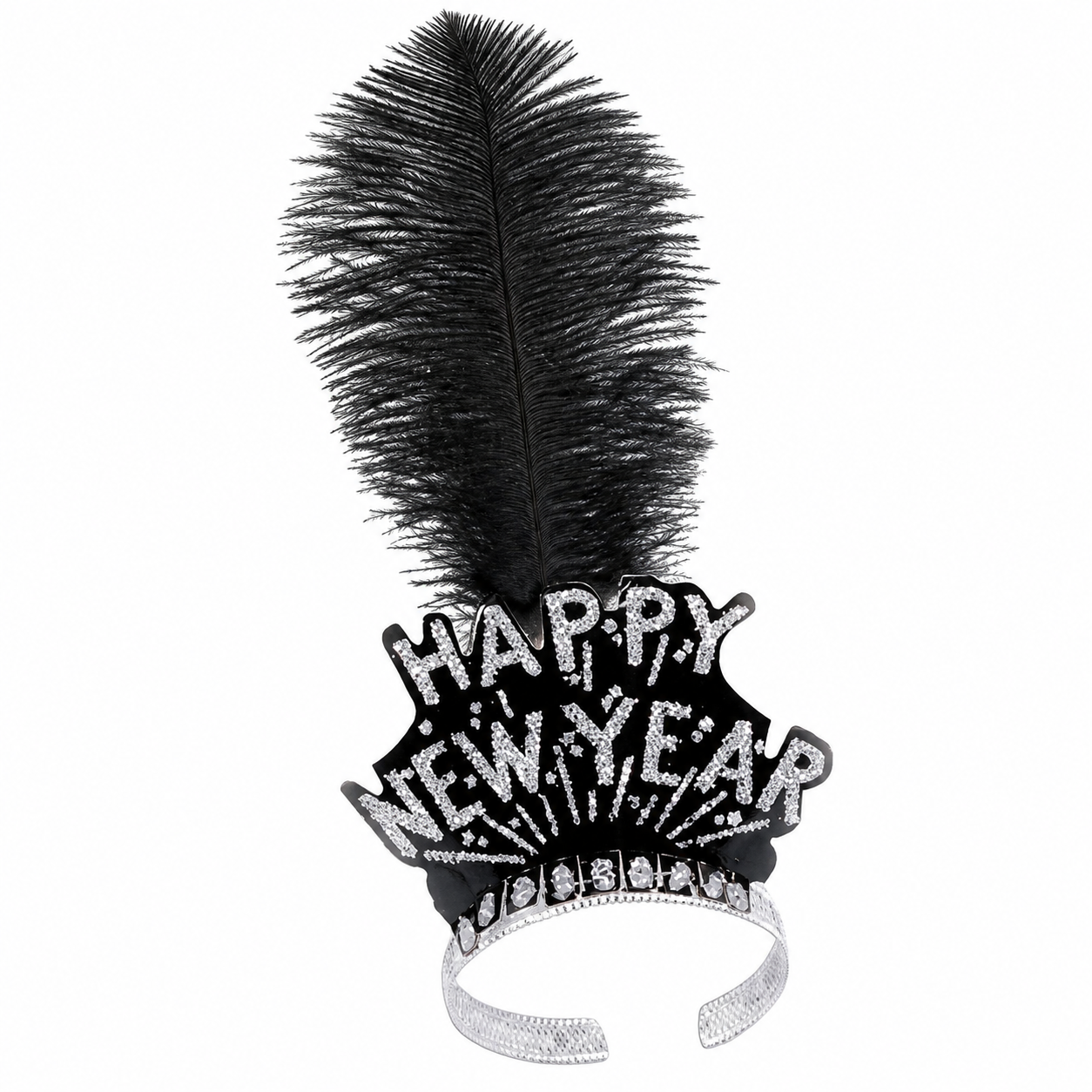 Black & Silver Happy New Year Tiara with Plume