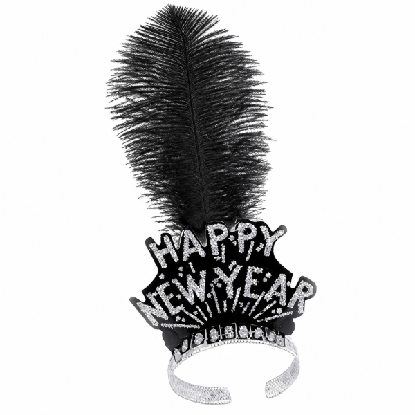 Black & Silver Happy New Year Tiara with Plume