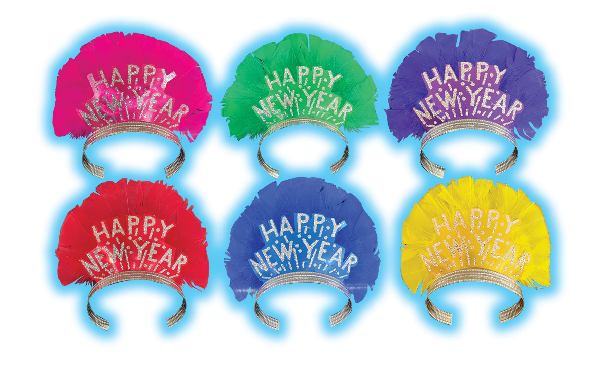HAPPY NEW YEAR TIARAS WITH MATCHING FEATHERS